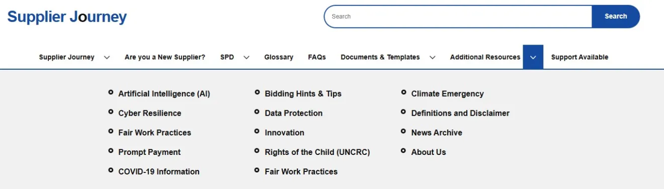 This image is a screen shot of the Supplier Journey Additional Resources menu. It shows that when you click on the down arrow, located beside the Additional Resources heading, you are shown all of the Additional Resources menu headings. You can then click on any of these headings to view the specific topic information.
