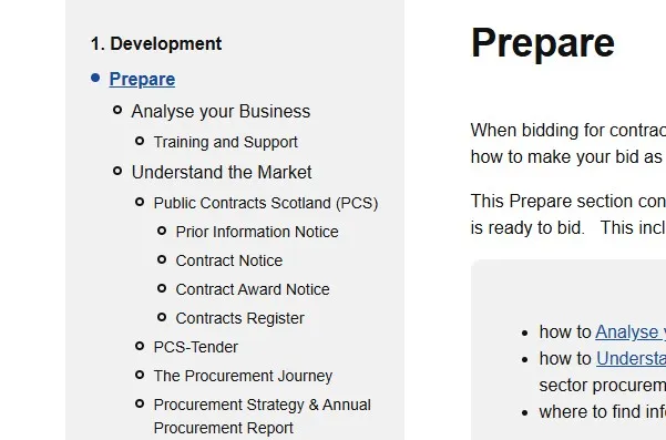 This image is a screenshot of a Supplier Journey station page. It shows that, to the left hand side of the main guidance text sits a menu that lists the Supplier Journey station names. Any one of these station names can be clicked on to take you to that specific station.