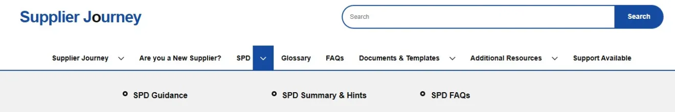This image is a screen shot of the Supplier Journey. It shows that by clicking on the down arrow, located beside the SPD heading, you are shown all of the SPD menu headings. You can then click on any of these headings to view the specific topic information.